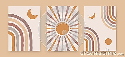 Abstract sun moon rainbow posters. Contemporary backgrounds, boho covers trendy mid century style. Geometric vector wall decor Vector Illustration