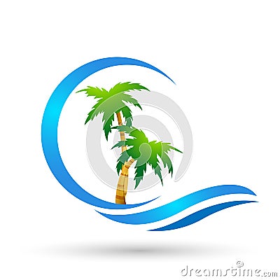 Abstract sun and sea waves coconut tree palm tree tropical beach logo element icon design vector on white background Cartoon Illustration