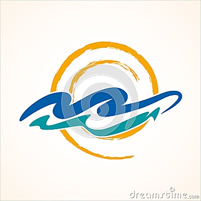 Abstract sun on sea waves. Vector sign design seaside, summer vacation Vector Illustration