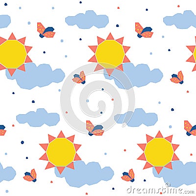 Abstract sun seamless pattern background. Childish simple application sun and ladybug cover for design card, invitation, nappy, Stock Photo