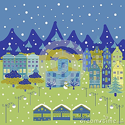 Panorama on yellow, blue and green colors Cartoon Illustration