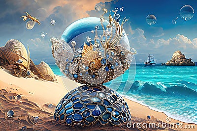 Abstract surreal art background, beautiful shells, pearls and precious jewellery lying on white sand on the sea shore. Generative Cartoon Illustration