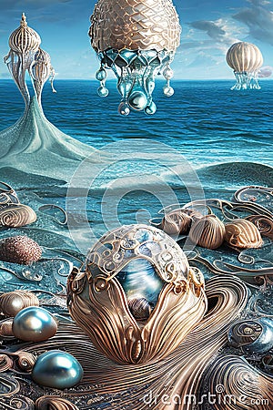 Abstract surreal art background, beautiful shells, pearls and precious jewellery lying on white sand on the sea shore. Generative Cartoon Illustration