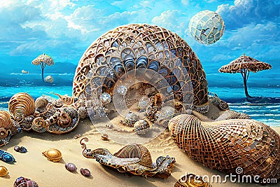 Abstract surreal art background, beautiful shells, pearls and precious jewellery lying on white sand on the sea shore. Generative Cartoon Illustration