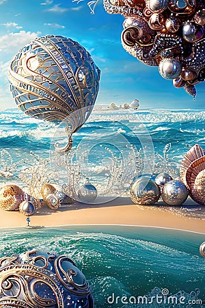 Abstract surreal art background, beautiful shells, pearls and precious jewellery lying on white sand on the sea shore. Generative Cartoon Illustration