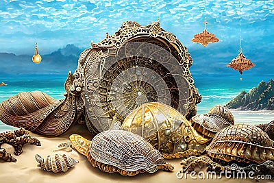 Abstract surreal art background, beautiful shells, pearls and precious jewellery lying on white sand on the sea shore. Generative Cartoon Illustration