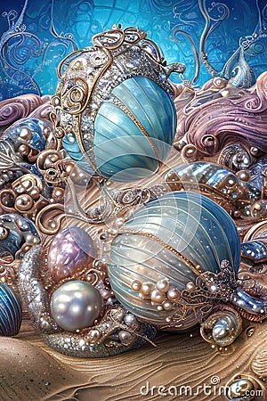 Abstract surreal art background, beautiful shells, pearls and precious jewellery lying on white sand on the sea shore. Generative Cartoon Illustration