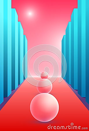 Abstract surreal composition with soft balls on the pink road between the columns. Vertical background with minimal pastel shapes Vector Illustration