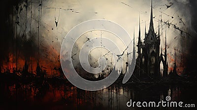 Abstract surreal gothic background with castle, sharp lines and black water, landscape Stock Photo