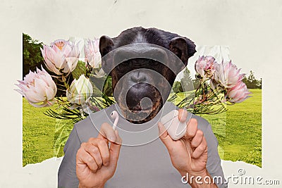 Abstract surreal image collage of bizarre weird personage hand hold case wireless earbuds iphone airpods Stock Photo