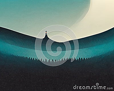 Abstract surreal lighthouse poster. Retro futuristic landscape. For banner, postcard, book illustration Cartoon Illustration