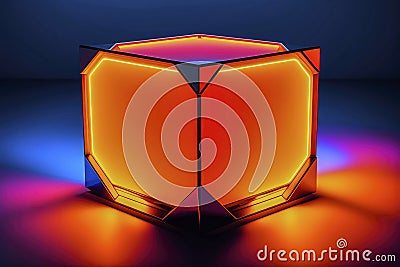 Abstract surreal minimalist rendering of a glowing orange cube against a blue background, made with generative ai Stock Photo