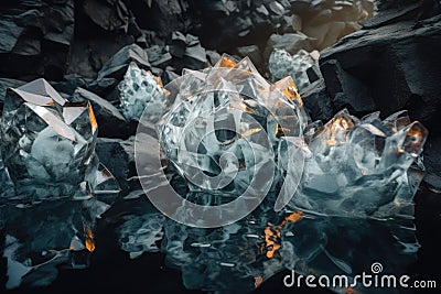 abstract and surreal world of floating crystals, rocks, and water Stock Photo