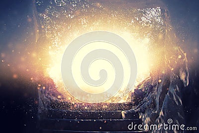 Abstract and surrealistic image of cave with light. revelation and open the door, Holy Bible story concept Stock Photo