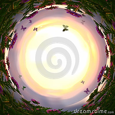 abstract swirled background of magical fairytale flowers and butterflies at sunset light Stock Photo