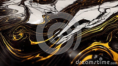 Abstract swirling black and white marble stone wallpaper. Texture imitating painting with running golden details. 3D rendering Cartoon Illustration