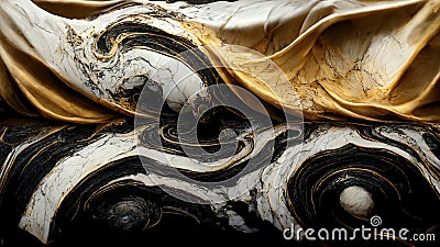 Abstract swirling black and white marble stone wallpaper. Texture imitating painting with running golden details. 3D rendering Cartoon Illustration