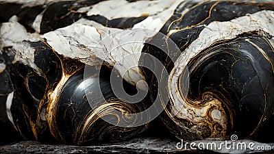 Abstract swirling black and white marble stone wallpaper. Texture imitating painting with running golden details. 3D rendering Cartoon Illustration