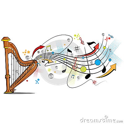 Abstract swirly musical background with Harp music instrument Vector Illustration