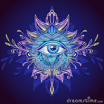 Abstract symbol of All-seeing Eye in Boho style blue lilac pink Vector Illustration