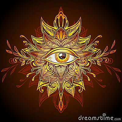 Abstract symbol of All-seeing Eye in Boho style yellow gold brown Vector Illustration