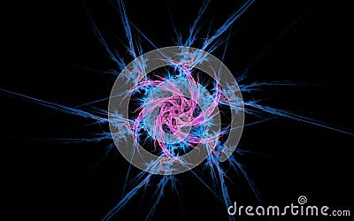 Abstract symbol in the form of a star ninja and snowflakes of blue and pink color with a rotating middle on a black background Stock Photo