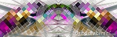 Abstract symmetrical fractal checkered background. Rows of multi-colored squares arranged at an angle meet in the center of the Cartoon Illustration