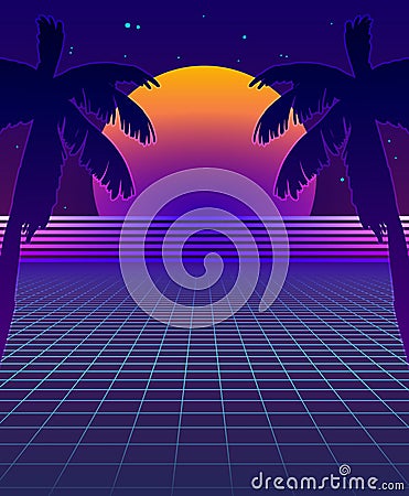 Abstract Synthwave Background with Neon Glowing Grid, Futuristic Backdrop in Retro Style with Palm Trees and Full Moon. Club Party Vector Illustration