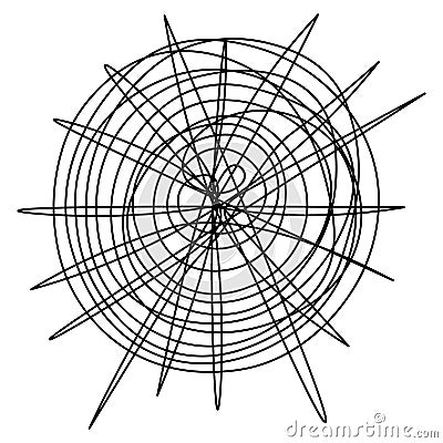 Abstract tangled doodles. Hand drawn spherical lines. A ball of threads is pierced by sharp objects. Vector Illustration