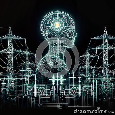 Abstract electrical substation background with AI. 3D rendering toned image, generative ai Stock Photo