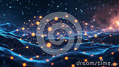 Abstract Tech Art with Glowing AI Neural Network Nodes in Cosmic Space Stock Photo