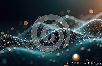 Abstract tech background with connected dots. Dark teal waves formed by dynamic network of small circles. Futuristic generative Stock Photo