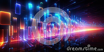 Abstract tech background, dark futuristic digital space. Perspective view of main processor, data blocks and cyber energy light. Stock Photo
