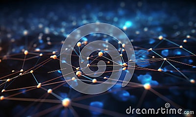 Abstract tech background with low poly wireframe elements. Cybernetic technology background in blue. Stock Photo