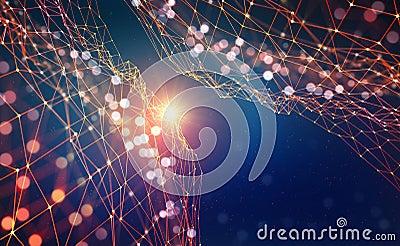 Abstract tech background. Shining star. Glowing polygon network with bokeh effect Cartoon Illustration