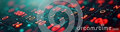 Abstract tech background shows digital binary code. Networked data patterns create futuristic design. Information technology Stock Photo