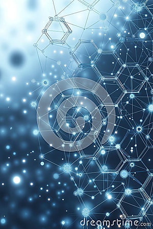 Abstract tech illustration hexagons network structure. Complex system interconnected dots, lines. Modern tech design futuristic Cartoon Illustration