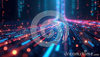 Abstract tech illustration shows data flow. Digital data stream moves across dark surface. Lines of glowing light transmit Cartoon Illustration