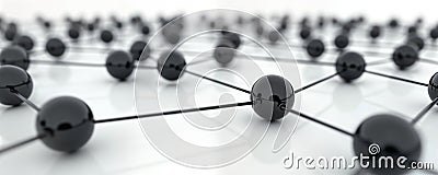 Abstract tech network nodes connect forming complex structure. Black spheres linked by black lines illustrate global Stock Photo