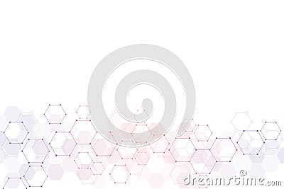 Abstract technical background with hexagons pattern and molecular structures. Background texture for medical, science Vector Illustration