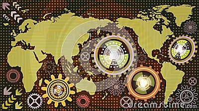 Abstract technological background with world map and machine gear mechanisms of red, green, orange, lilac and white shades Vector Illustration