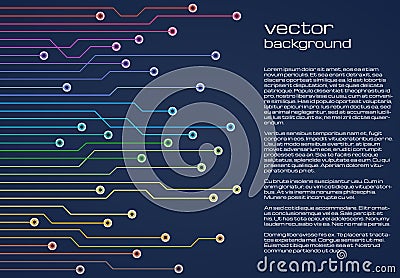 Abstract technological blue background with colorful elements of the microchip. Circuit board background texture. Vector Illustration