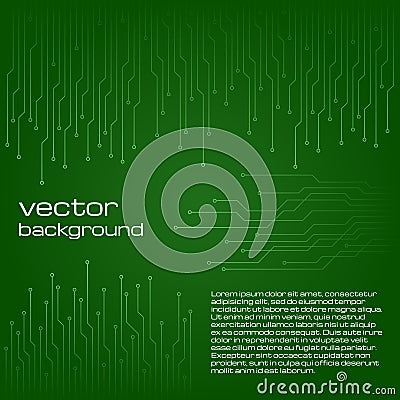 Abstract technological green background with elements of the microchip. Vector Illustration