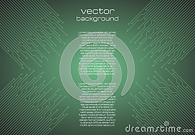 Abstract technological green background with elements of the microchip. Vector Illustration