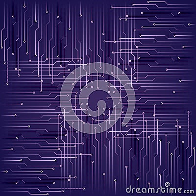 Abstract technological purple background with elements of the microchip. Vector Illustration