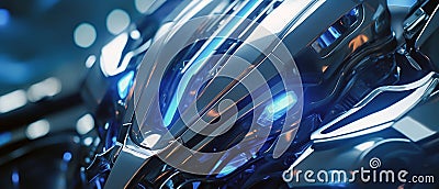 Abstract technology background in blue tones. Close-up sci-fi robot element. Horizontal blurred backdrop, sci-fi template, Stock Photo