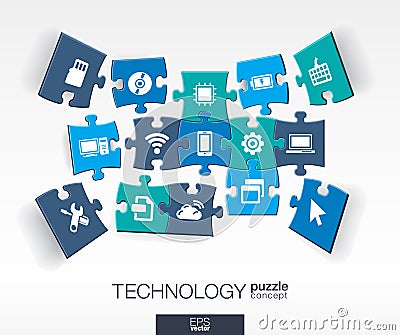 Abstract technology background, connected color puzzles, integrated flat icons. 3d infographic concept with technology, cloud Vector Illustration