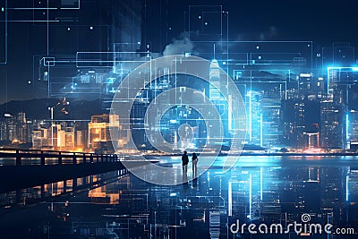 Abstract technology background cyber town concept. generative ai illustration Cartoon Illustration