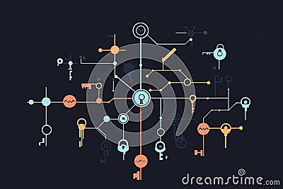 Abstract Technology Background, Interconnected Nodes, Keys, Circuitry Representing Digital Security Stock Photo
