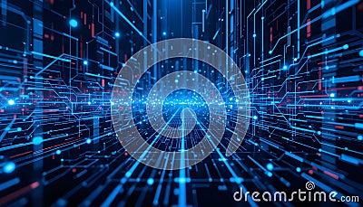 Abstract technology background with neon blue circuits, glowing data streams, and a digital grid symbolizing high-speed Stock Photo